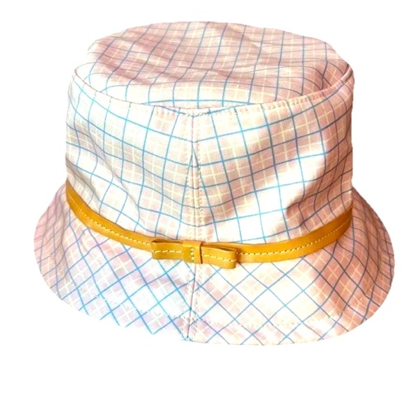 COACH Tattersall Plaid Bucket Hat Pink Blue Sz P/S Leather Trim Cotton Preppy - Picture 1 of 12
